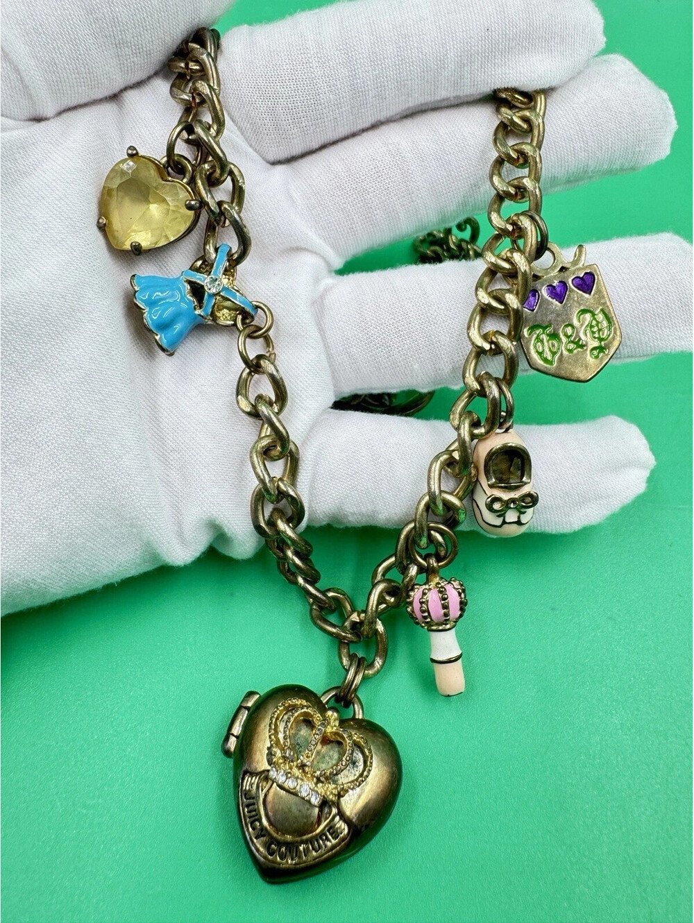 Vintage 20” Juicy Couture Gold Tone Necklace Heart Charms Dress Shoe Crystal